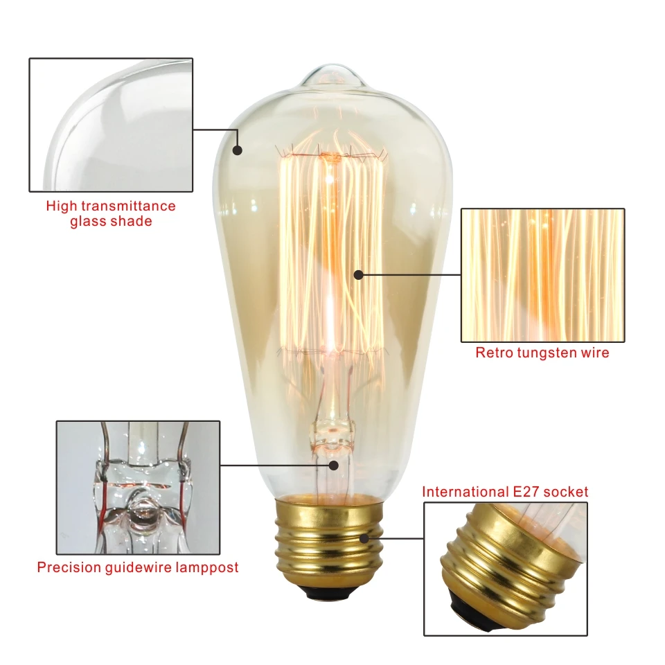Edison Glühbirne E27 220V 40W ST64 A19 G80 G95 T10 T45 T185 Retro Filament Glühlampulle Birne Vintage Edison Lampen – Detail 2