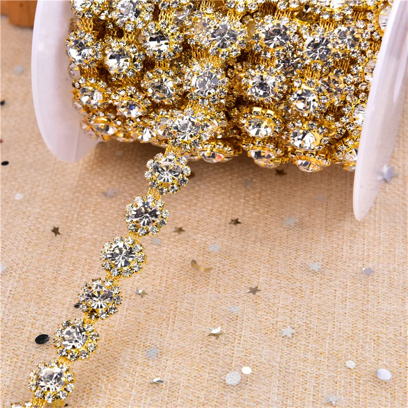 1 Yard Aaa-Grade Flower Crystal Clear Round Glass Rhinestone Cup Chain Rose Gold Base Dress Belt Trim Applique Sew On Garment