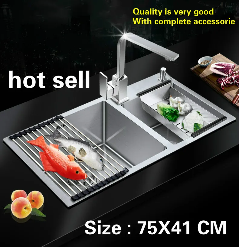 Free shipping Household vogue durable kitchen manual sink double groove 304 food grade stainless steel hot sell 75x41 CM