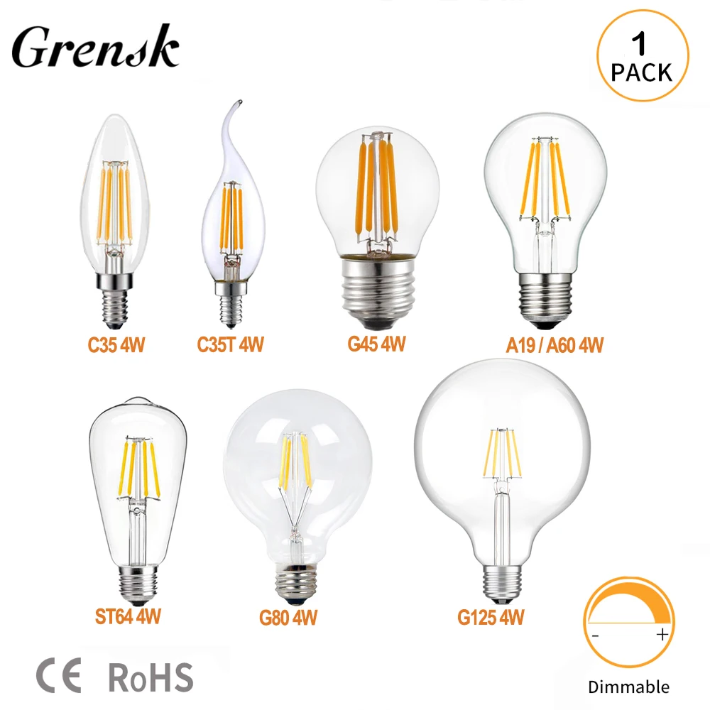 

Grensk C35 4W 6W LED Filament Bulb E27 Dimmable Retro Edison Lamps E14 220V 2700K Vintage Candle Light Globe Lighting Home Decor