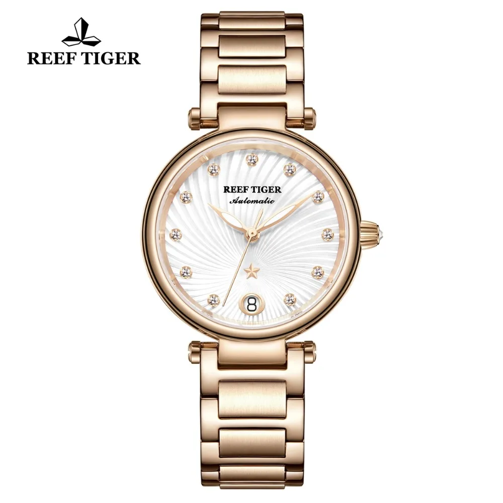 Reef Tiger/RT Luxury Automatic Watches for Women Rose Gold Diamond White Dial Ladies Bracelet Clock RGA1590