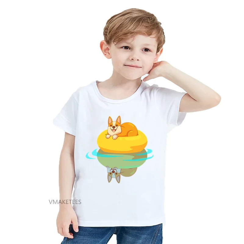 2018 Girls & Boys Short Sleeve T shirt Summer Corgi Swimming Print T-shirt Baby Kids Funny Cartoon Clothing,HKP5658