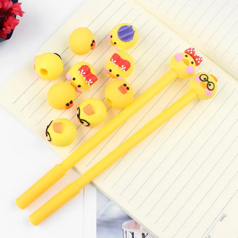 24 pcs wholesale Creative Pvc Soft Gel Yellow Chicken Modeling Neutral Pen Cartoon Rubber Cap Student Kawaii School Supplies