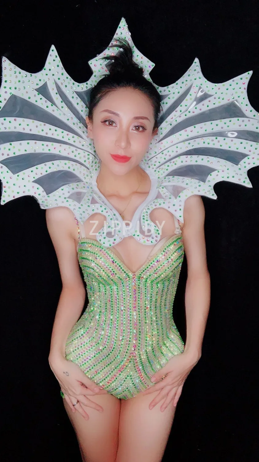 Multicolor Bling Rhinestones ตาข่าย Bodysuit Dance Party ฉลองชุดไนท์คลับนักร้องหญิงสวมใส่ดูผ่านชุด