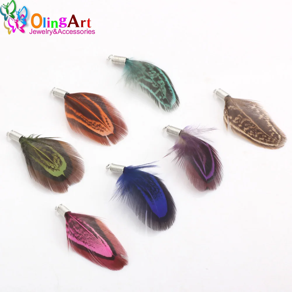 OlingArt 12 unids/lote 35MM patrón Natural plumas multicolores mujeres collar pendientes borlas DIY joyería hacer colgantes delicados