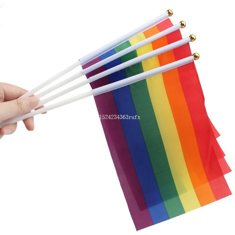 500PCS Plastic Stick Rainbow Hand Flag Flags/American Flag Lesbian Gay Pride Cheerleading Competition Products 14*21CM