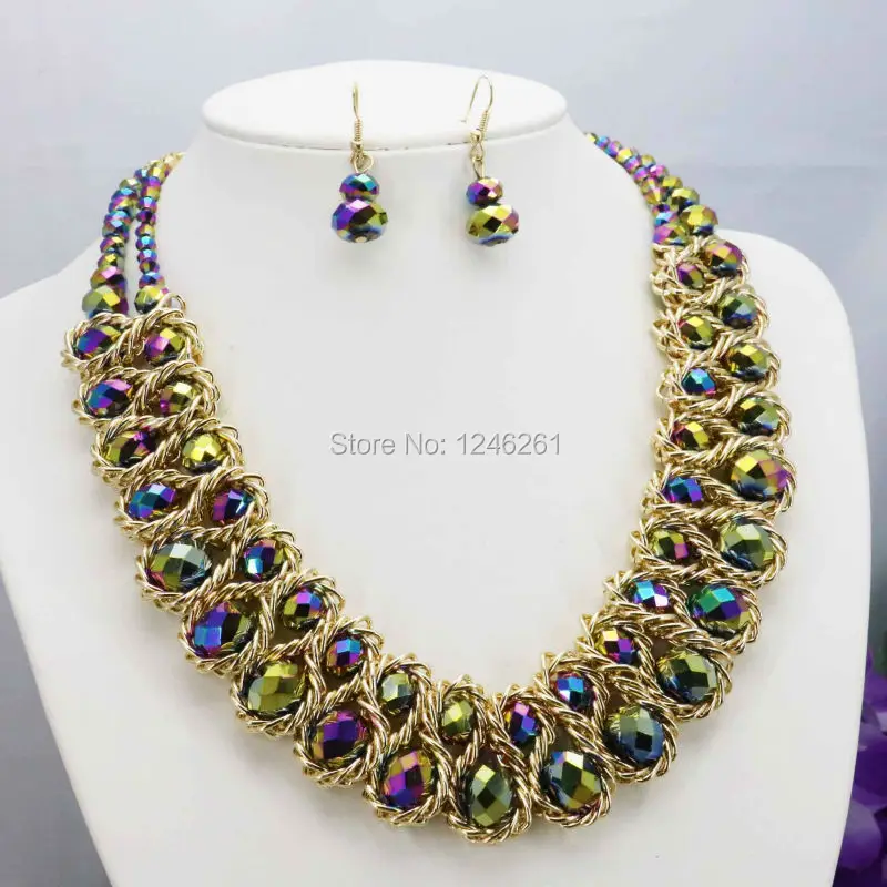 Hot Sale Colorful Crystal Glass Beads Necklaces&Earrings Sets For Women Girls Gilfs Chain 3Row DIY Jewelry Design Crafts 18inch