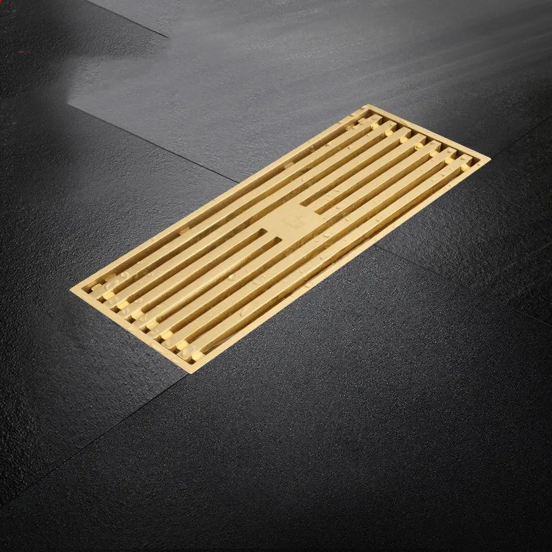 Luxury gold brass 300*80mm Rectangle Floor Drain Large flow Bathroom Linear Shower Drain Strainer with Long Removable Cover