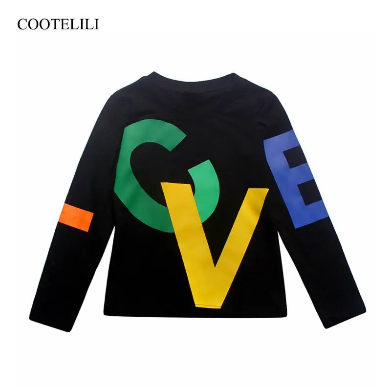 COOTELILI 90-150cm Black T-Shirt Children Tops Letter Kids Clothes Long Sleeve T Shirt Toddler Boys Spring Clothing Costume