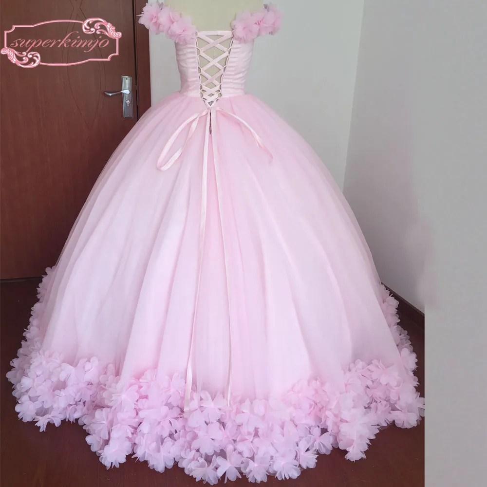 2020 Actual Image Evening Dresses V Neck Hand Made Flowers 3D Ball Gown Tulle Pink Prom Dresses Real Picture