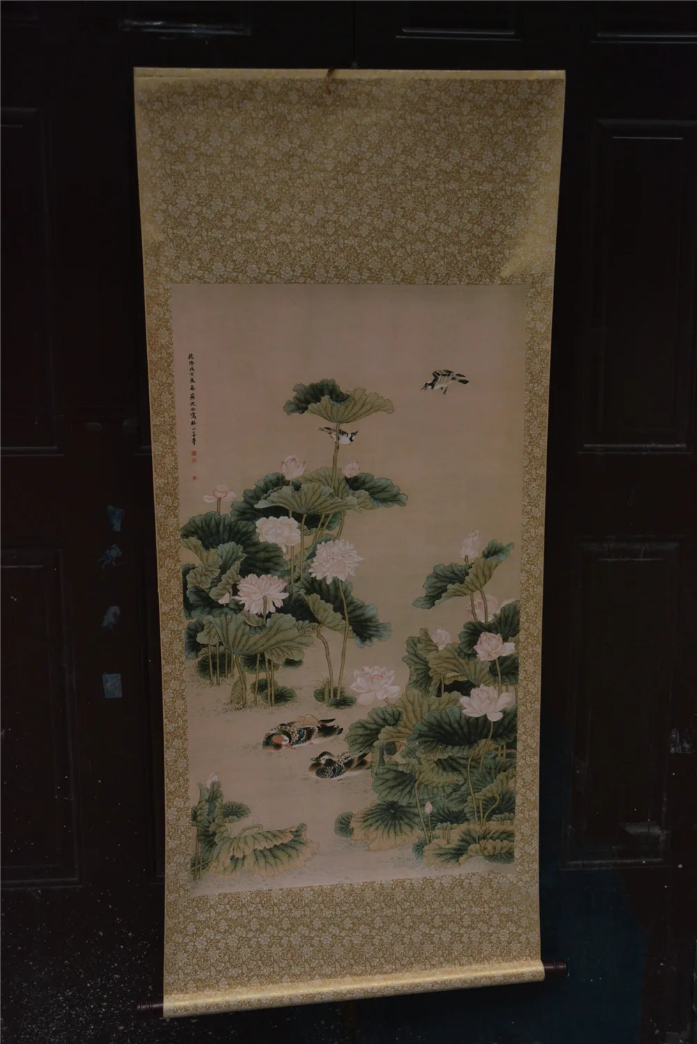 Antique Hand-painted Chinese paintings, long axis of the Qing Dynasty in China,mandarin duck&Lotus,Free shipping