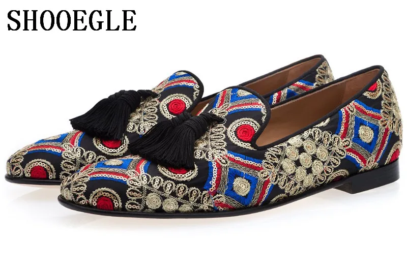 SHOOEGLE Luxury Men Handmade Multicolor Wedding Shoes Male Casual  Smoking Loafers Man Floral Embroidered Tassel Shoes