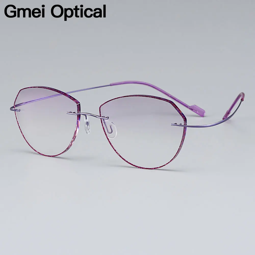 

Gmei Optical Classic Ultra-light Purple Titanium Alloy Women Rimless Glasses Frame With Gradient Purple Tint Plano Lenses T80897