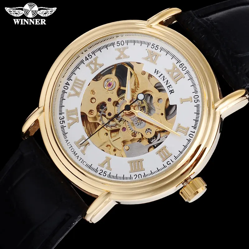 WINNER famous brand men fashion machanical watches leather strap men's automatic skeleton gold case watches relogio masculino