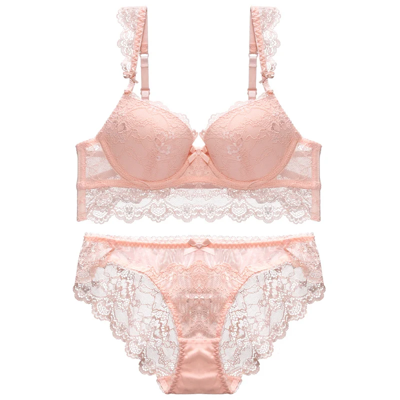 Lingerie Set Padded Bra Set Push Up Sexy Bras Set For Women Underwear Women Pink Bra Underwire Ruffled Straps Lace Bra and Brief