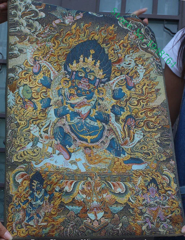 35 inch Tibet Silk embroidery 6 Arms Mahakala Wrathful Deity Buddha Tangka Painting Mural