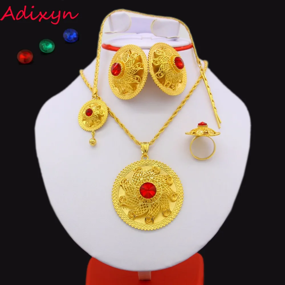 Adixyn Ethiopian Jewelry set 24K Gold Color Crystal Necklace/Pendant/Hair Chain/Earring/Ring Middle Easter Habesha Wedding set