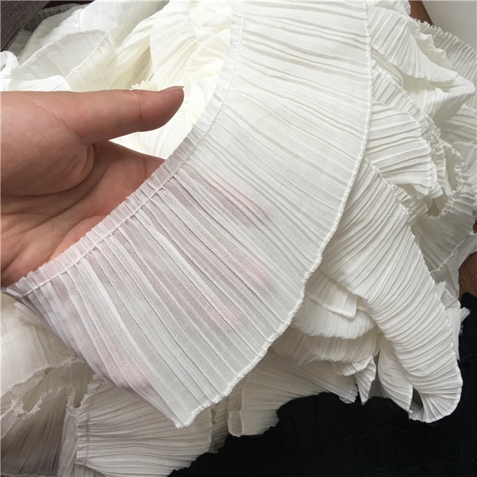 10CM Wide White Black Pleated Chiffon Lace Collar Elastic Ruffle Trim For Garment Dress Folded Sewing Guipure Fringe Accessory