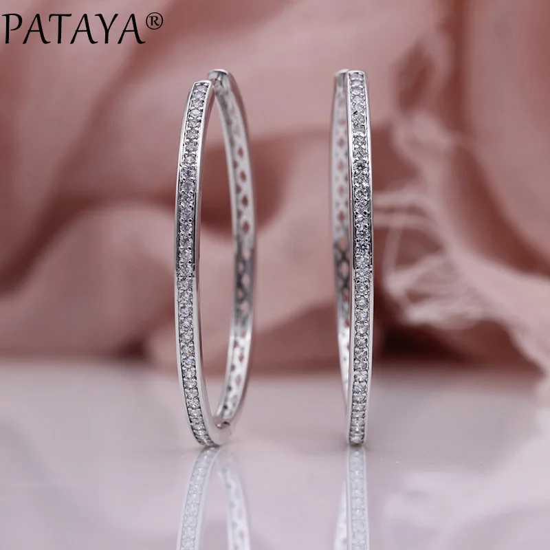 PATAYA New Big Circle Earrings Women Fashion Luxury Hollow Fine Jewelry 585 Rose Gold Color Natural Zircon Oval Dangle Earrings