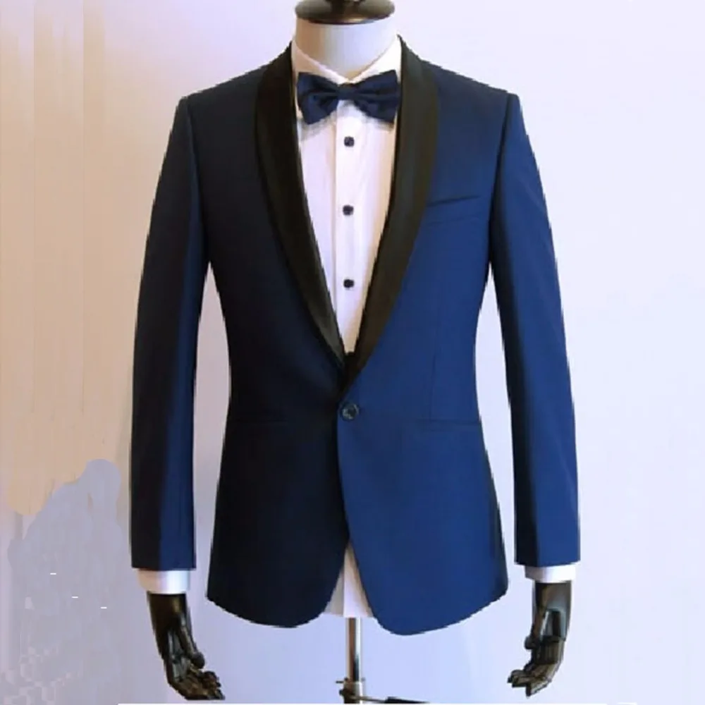 

Custom Made Wedding Suits For Men Tuxedo Suit,Bespoke 2018 Fashion Dark Blue Two-Piece Suit Black Satin Shawl Lapel