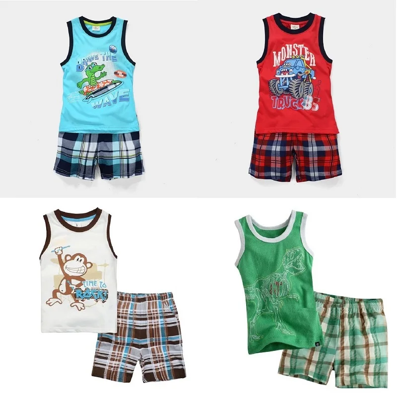 Summer Sleeveless Baby Boy Clothes Suits 100% Cotton Children T-Shirts Shorts Pant Singlet Vest Plaid Panties Beach Kid Tank Top