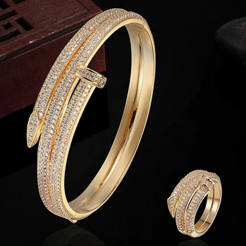 Zlxgirl Copper jewelry sets Women Love Bangle Ring Wedding Jewelry Sets AAA Cubic Zircon bridal wedding Accessories Sets