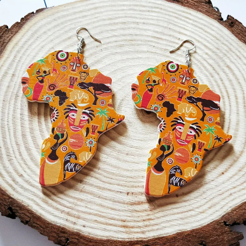 Orange Wood Africa Map Afro Symbols Drums Zebra Vintage Tribal Earrings Women Wooden African Statement Bohemia Ear Club Jewelry