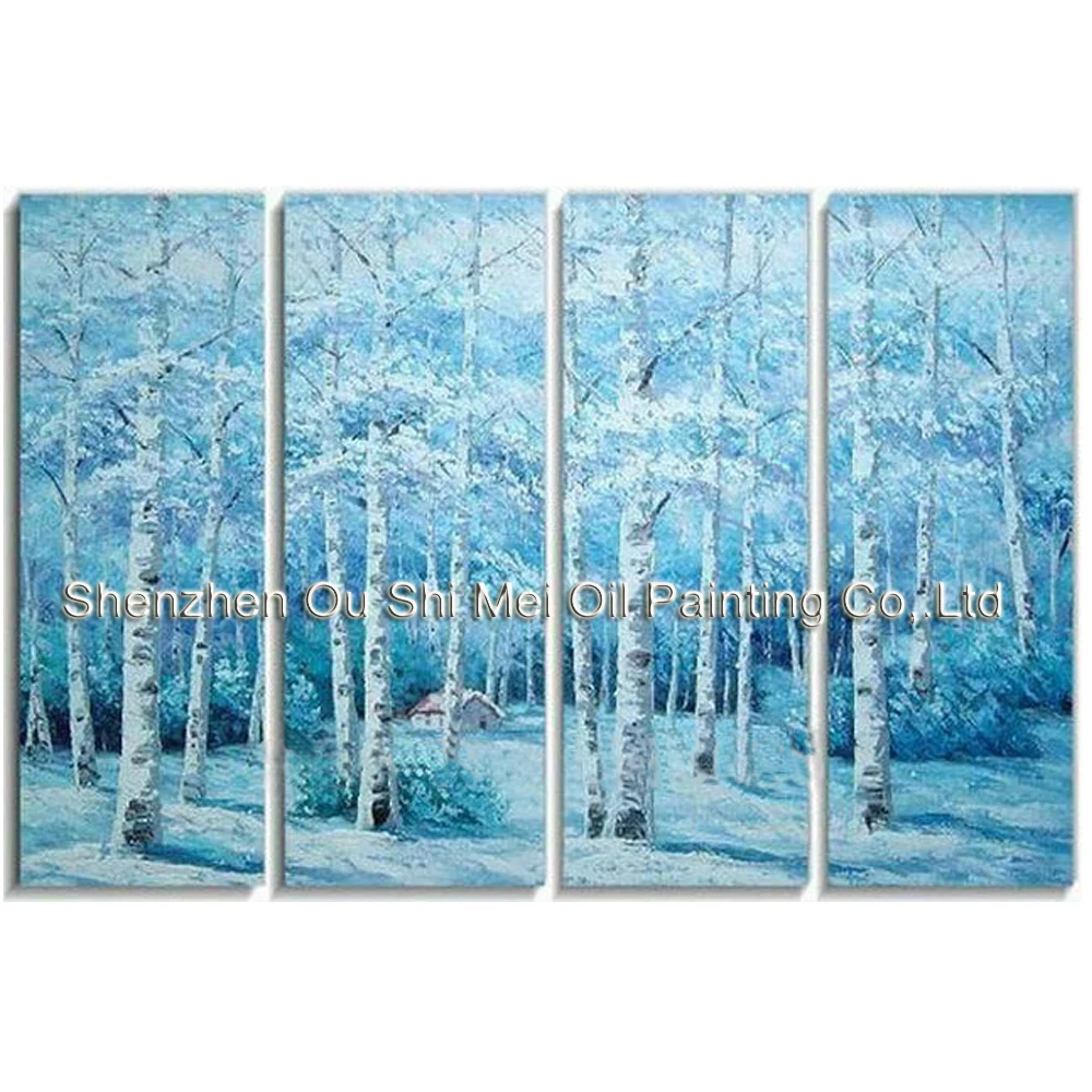 

Hand Painted Birch Forest Winter Landscape Abstract Oil Paintings 4P Group of Blue Paintings on Canvas For Living Room Decor Art