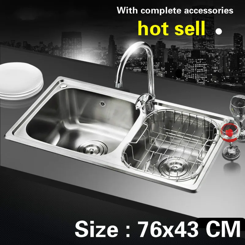 

Free shipping kitchen sink 0.8mm food grade 304 stainless steel standard double groove fashion hot sell 76x43 CM