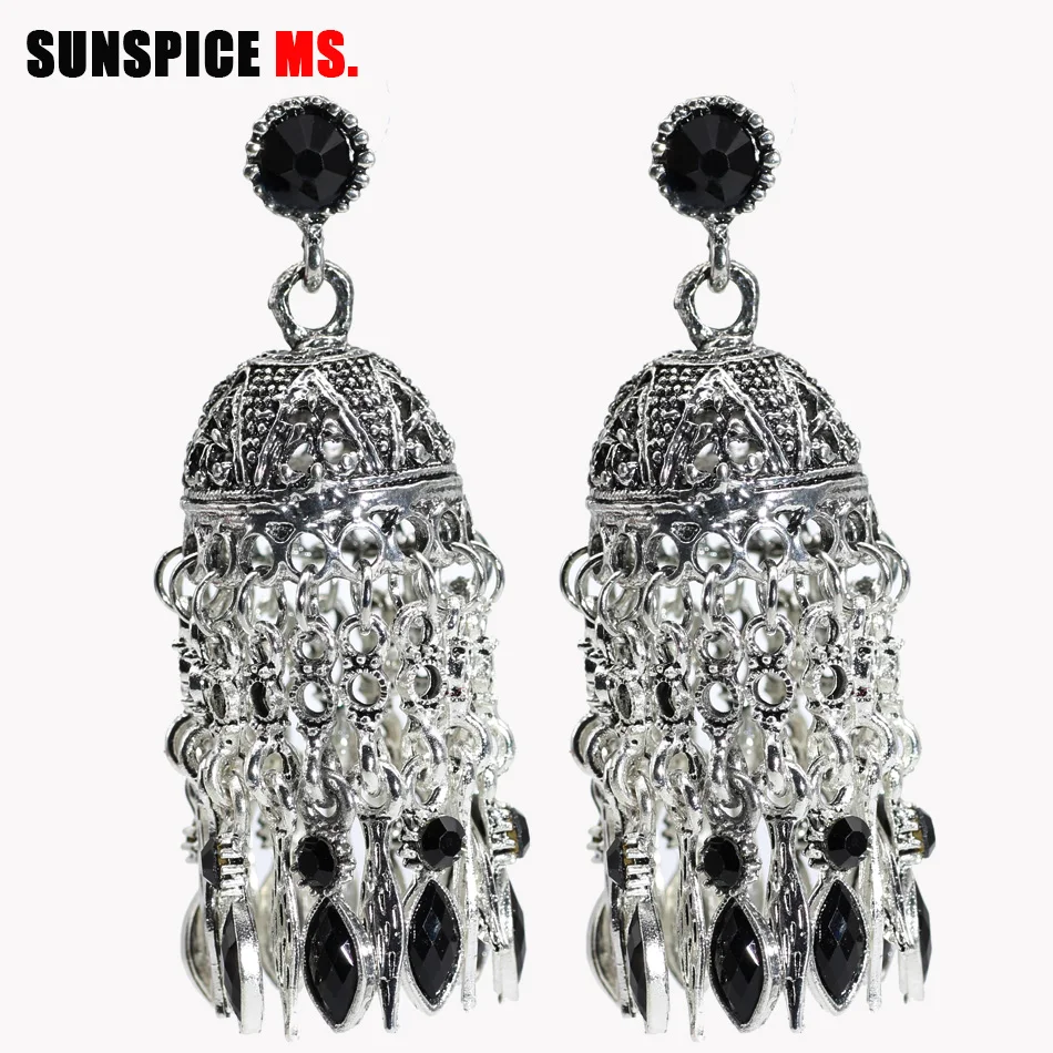 Sunspicems Retro Vintage Bohemia Ethnic Wedding Earrings Women Long Tassels Antique Silver Color Chain Earring Indian Jewelry