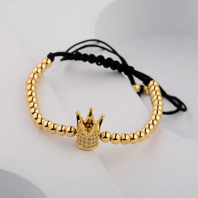 New Gold Color Diy Pave CZ Ball Charm Bracelet Men Women Braided Macrame Copper Beads Jewelry Gift For Men Women