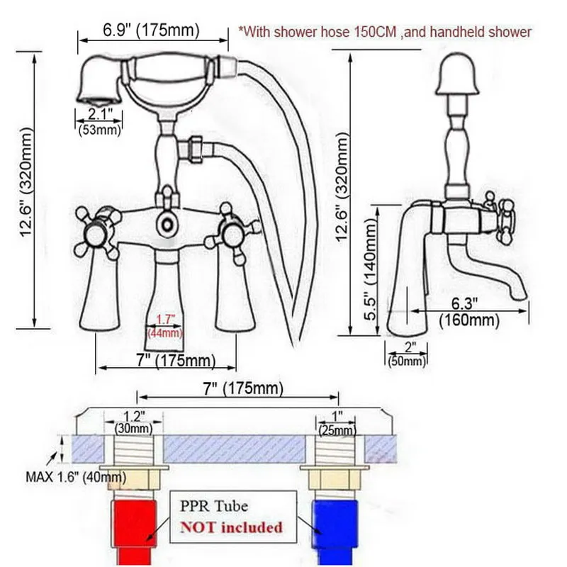 Black Oil Rubbed Bronze Bath Clawfoot Tub Mixer Tap Faucet Hand Shower Double Cross Handles Deck Mounted mtf702