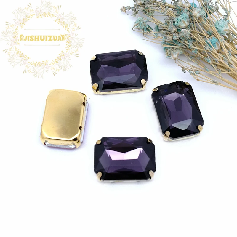 Deep Purple Rectangle Glass Crystal Sew On Rhinestones With Four Gold Claw Diy Wedding Dress shoes  Accessories