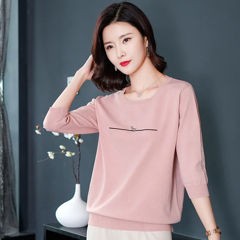 

Summer New Ice Silk T-shirt Woman Korean Stripe All-match Knitted Tees Female Three-quarter Sleeve Round Collar Casual Top H9329