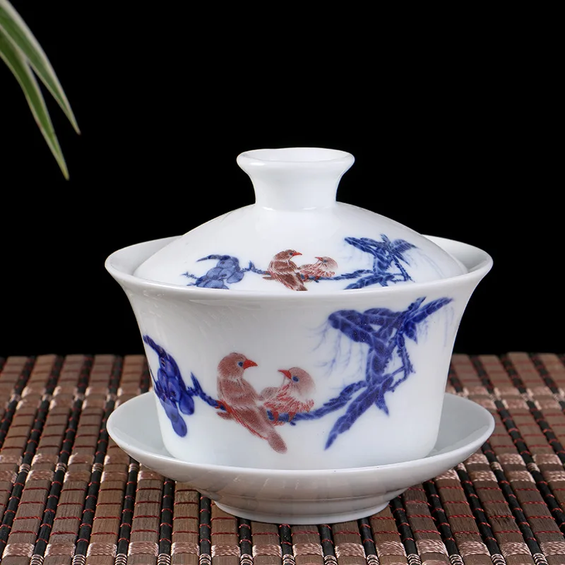 Chinese gaiwan mountain-river print handpainted cup bowl blue-and-white porcelain tureen covered bowl with lid cup saucer