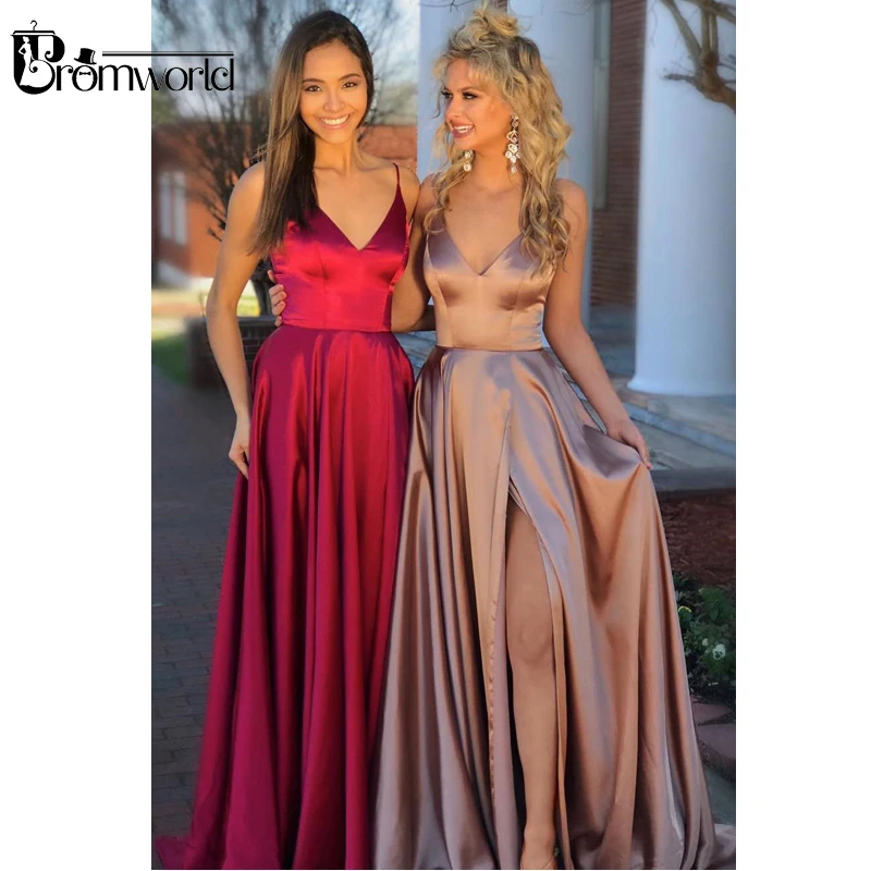 

Simple Champagne Prom Dresses 2022 Spaghetti Straps Backless Sweep Train Side Slit Evening Party Red Prom Gown vestido formatura