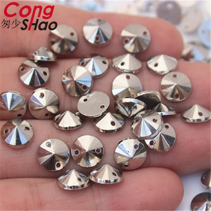 Cong Shao 100Pcs 8mm silvery stones and crystals Acrylic Round rhinestone trim flatback sewing 2 Hole DIY Wedding Dress ZZ733