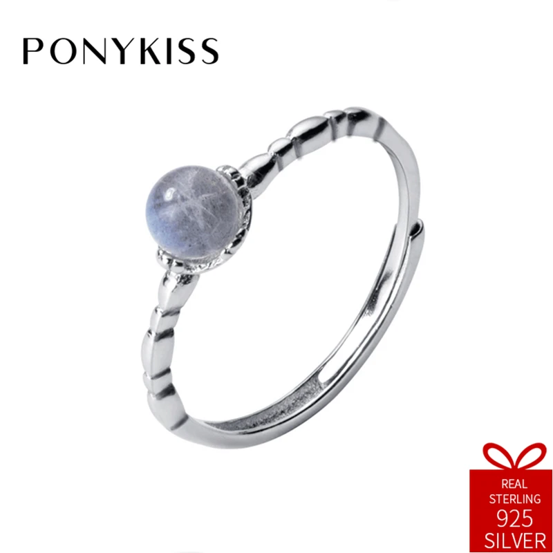 PONYKISS Romantic 100% 925 Sterling Silver Resizable Opening Transparant Bead Ring Fine Jewelry Women Engagement Creative Gift