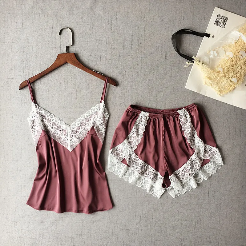 Lisacmvpnel Sexy Patchwork Lace Women Shorts Pajama Set Breathable Spaghetti Strap Female Lingerie