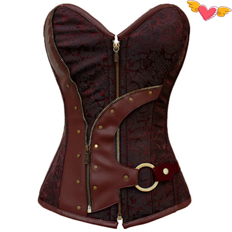 

2016 Sexy Women Brown Brocade Steampunk Gothic Zipper Corset Drop Shipping Brocade Pvc Plus Size Corpete Corselet Bustier