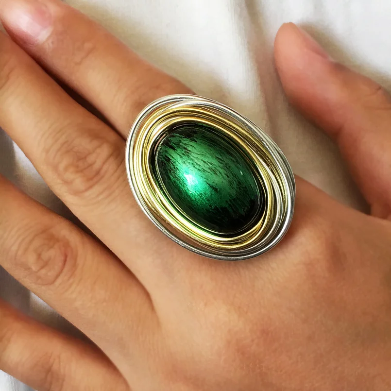 MANILAI Vintage Metal Wire Wrap Green Acrylic Handmade Steampunk Rings For Women Fashion Jewelry Statement Finger Rings Gift