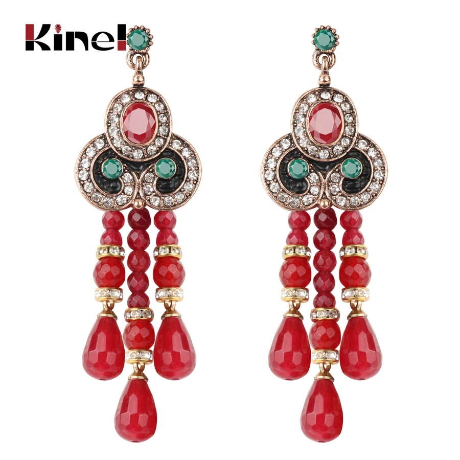 Kinel Red Natural Stone Tassel Earrings For Women Antique Gold Black Enamel Crystal Drop Earrings Ethnic Vintage Wedding Jewelry