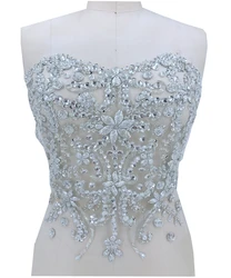 Applique di strass argento fatto a mano su maglie cucite su toppe di cristallo per abito da sposa 36*35cm