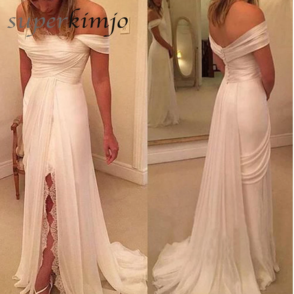 Chiffon Wedding Dresses Beach Side Slit Lace Pleats Bridal Dresses Vestidos de Noiva 2019