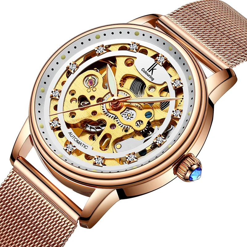 IK Colouring Ladies Wristwatch Automatic Stainless Steel Band Female Clock Mechanical Skeleton Rhinestone Women Watch