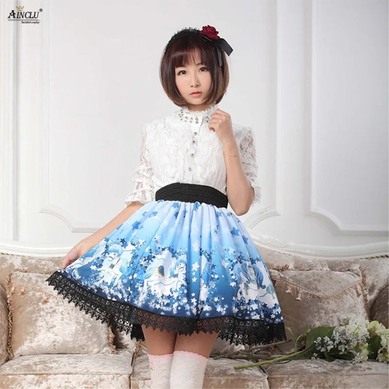 

Japanese Style Lolita Sweet Princess Dress Womens Lace Skirts Dark Blue Stars Pegasus Printed Pleated Half Lace Skirts XS-XXL