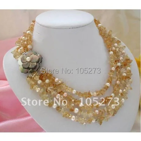 

Stunning 4Row White Pink Freshwater Pearl Yellow crystal Necklace 18'-20inch Fashion Women's Girl's Jewelry New Free Shipping