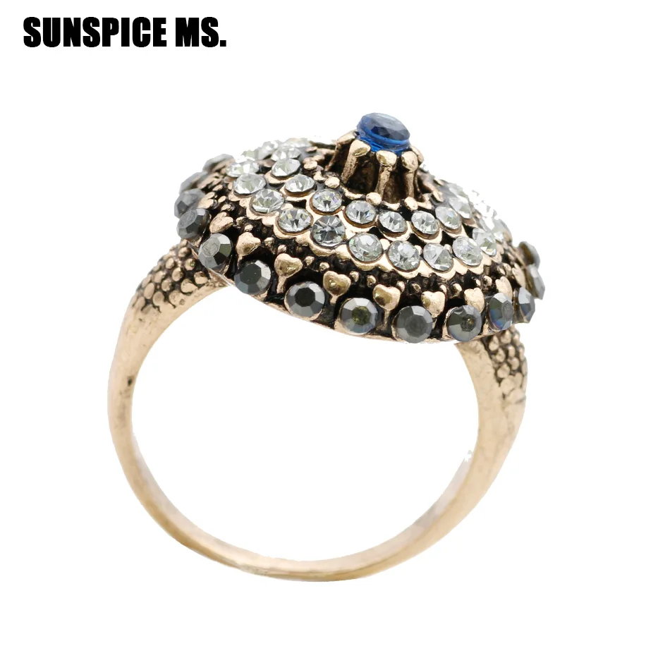 SUNSPICE MS. Luxury Turkish Full Rhinestone Ring Vintage Crystal Antique Rings For Women Gold Color Wedding Gift Indian Jewelry