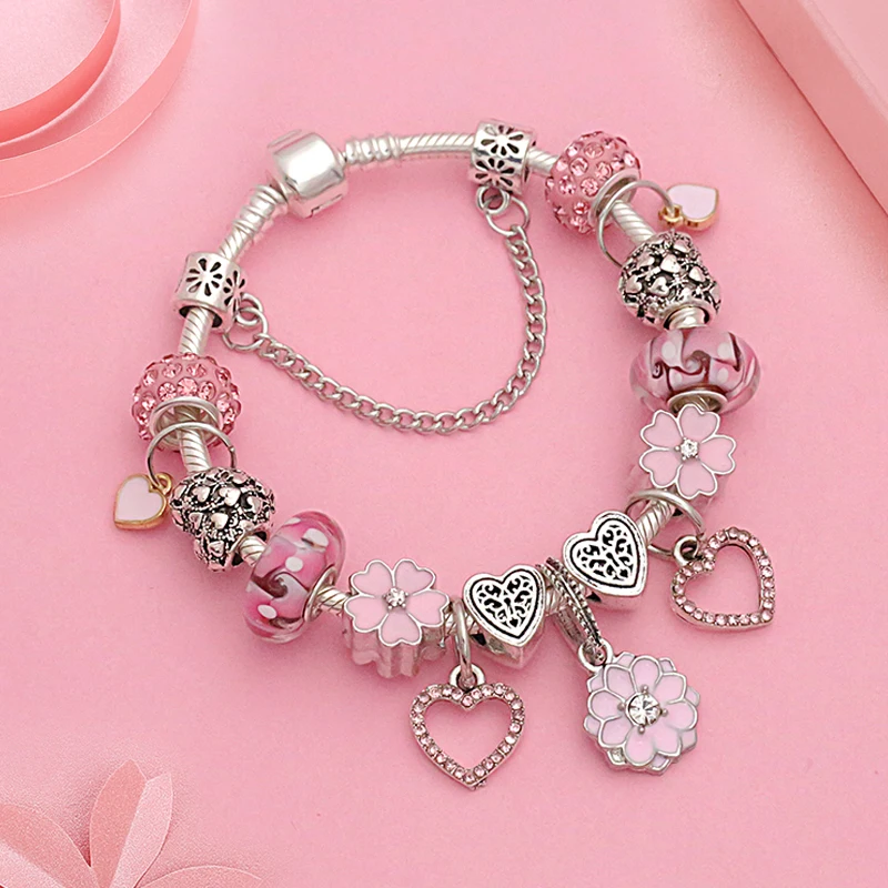 New Stylish Pink Heart Flower Charm  Bracelet Silver Color Heart Diy Bead Bracelet Women Bracelet Bangle Jewelry ulseira