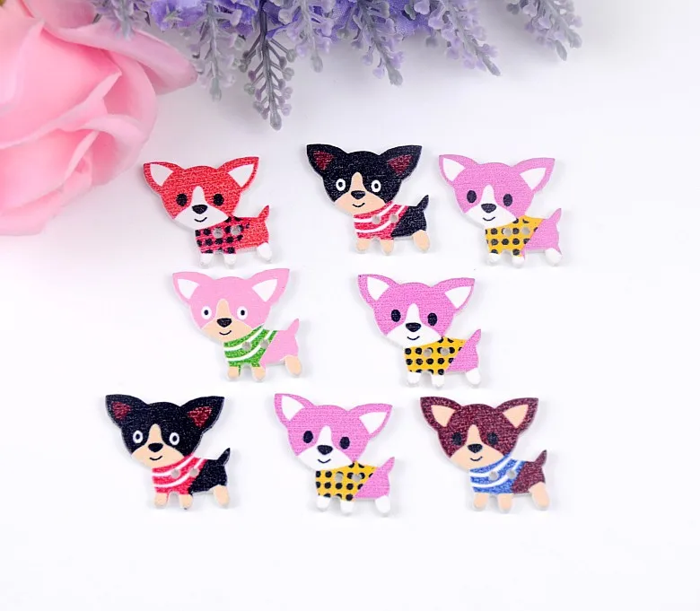 Free shipping 2015 New 100pcs Mixed 2 Holes Cartoon Dog Animal Shape Wood Sewing Buttons Scrapbooking 25x27mm J1440